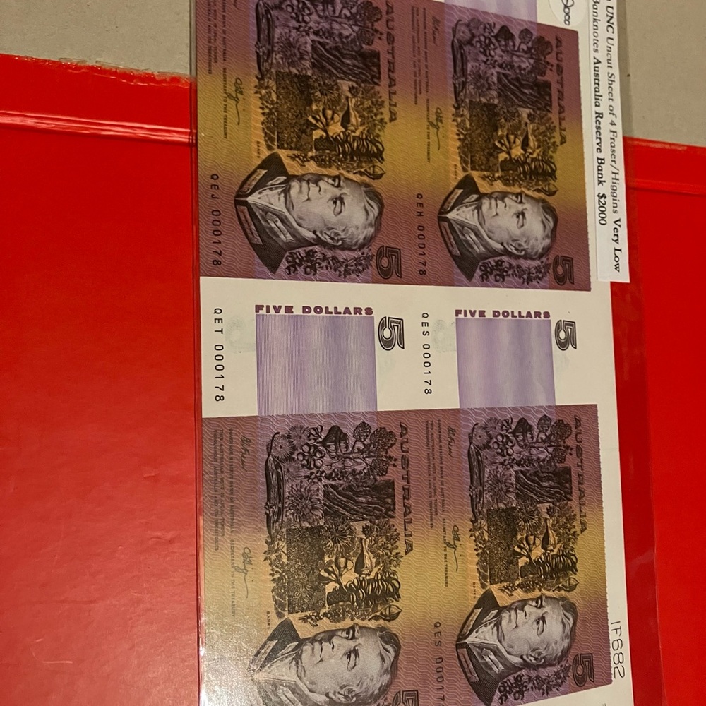 Australian $5 Dollar Gem Uncut Sheet of 4 
Unique with Low Numbers